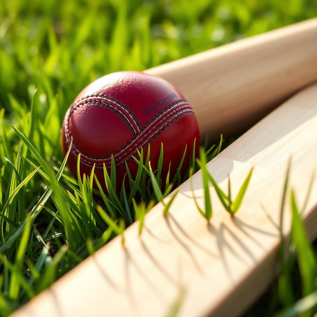 Batsmen Hit Long Sixes: Strength: Red leather cricket ball next to a wooden cricket bat lying on green grass