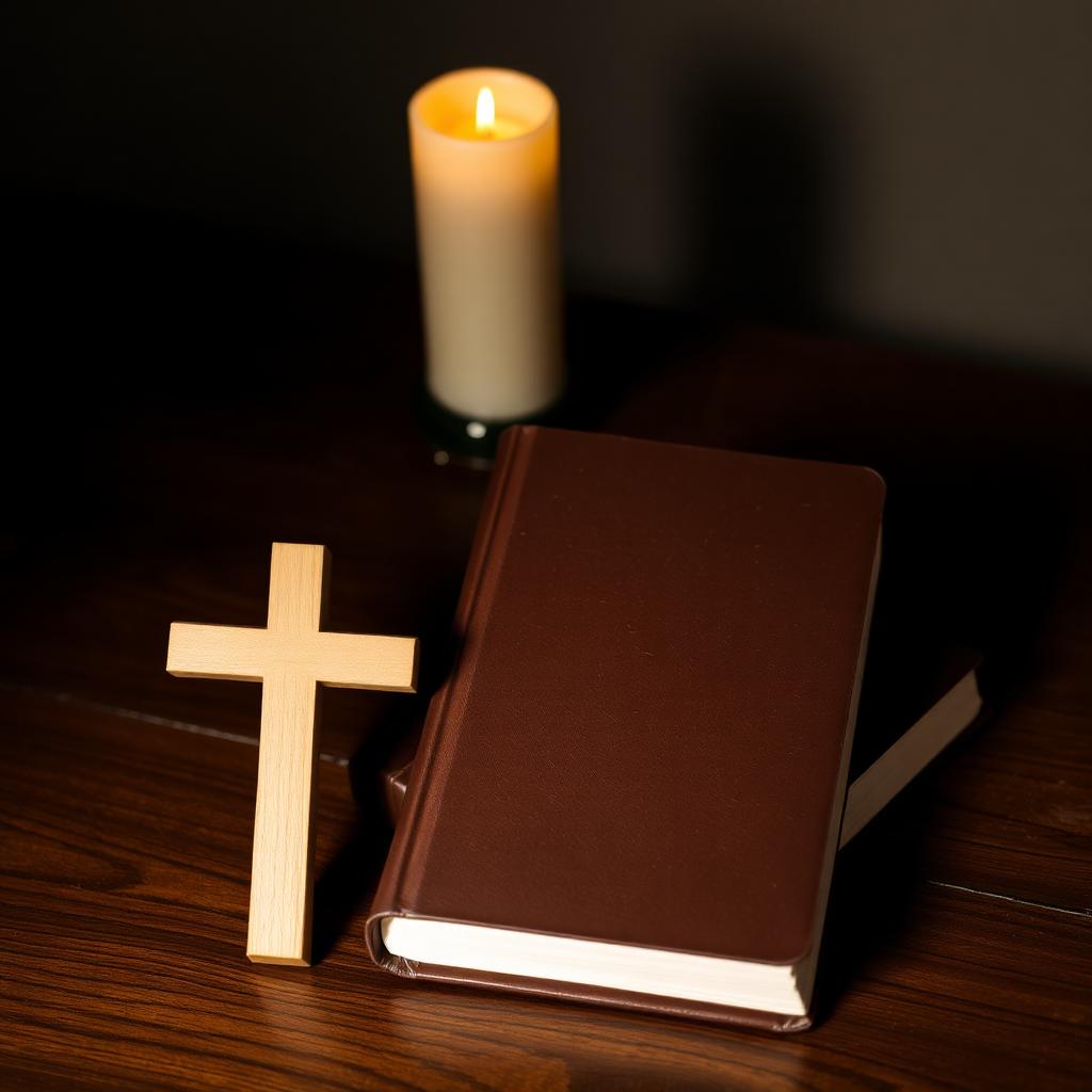 Plain wooden cross next to a closed leather book on a dark wood table with a single lit candle for spiritual protection prayer