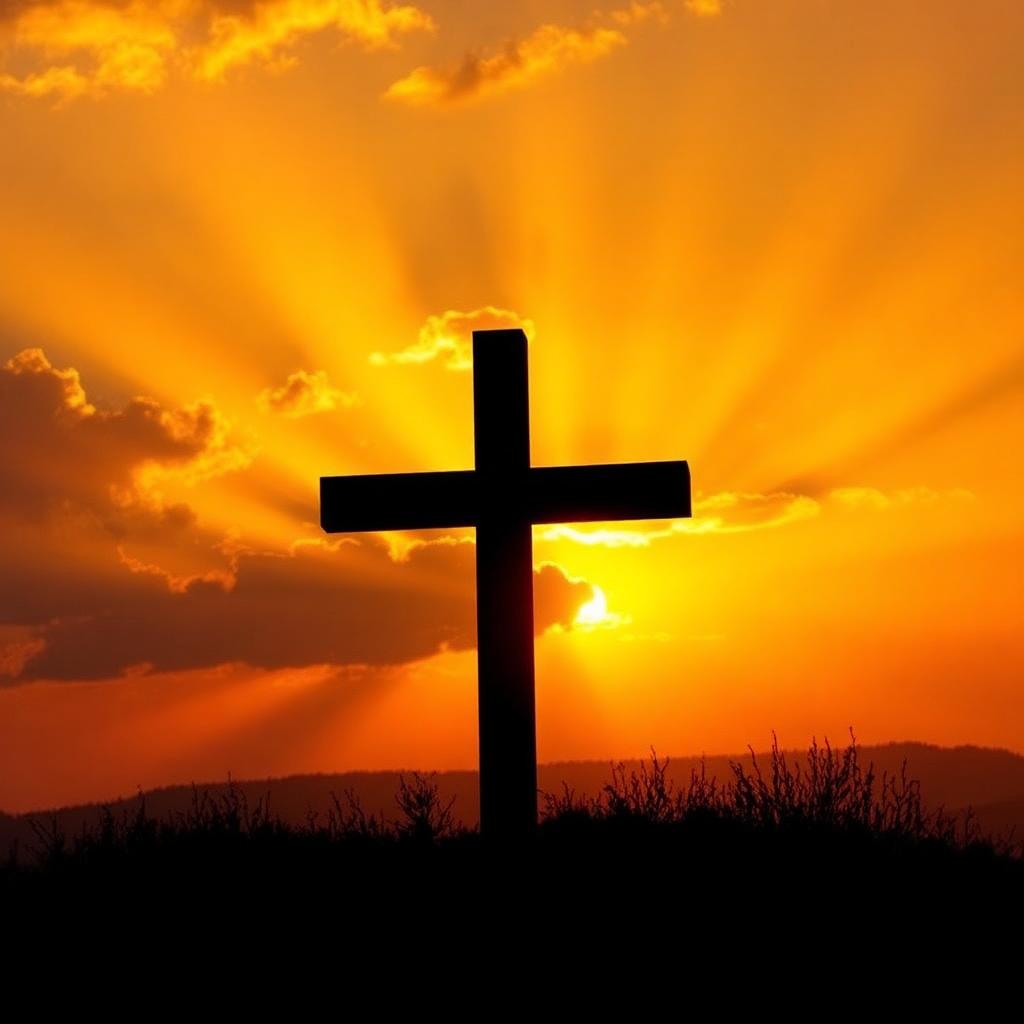 Wooden cross silhouetted against a warm sunset sky with rays of light, an image of salvation through Christ