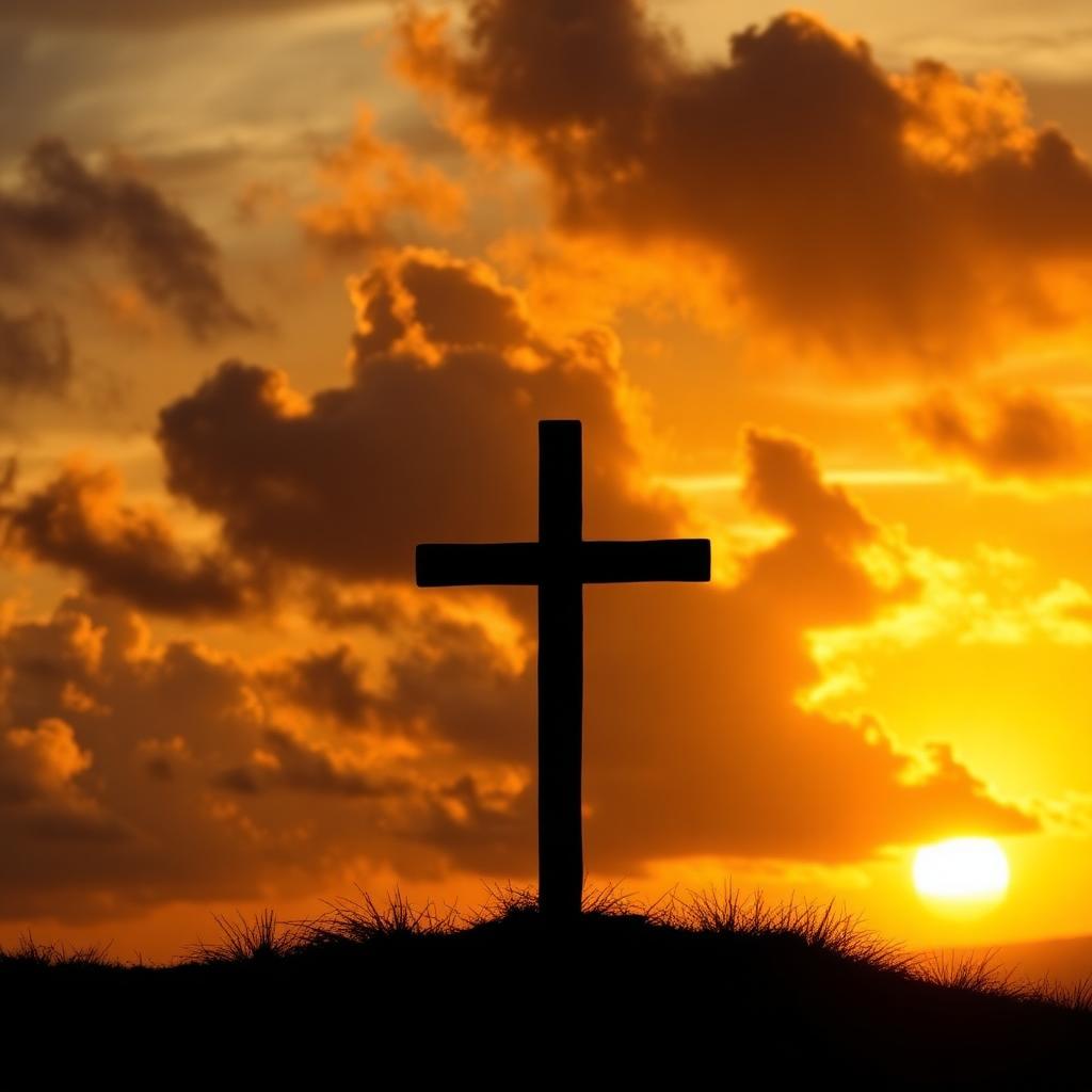A simple wooden cross silhouetted against a dramatic golden sunrise on a quiet hilltop