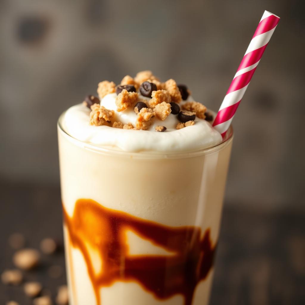 Creamy vanilla milkshake float with crumbled cookie pieces on top in a tall glass