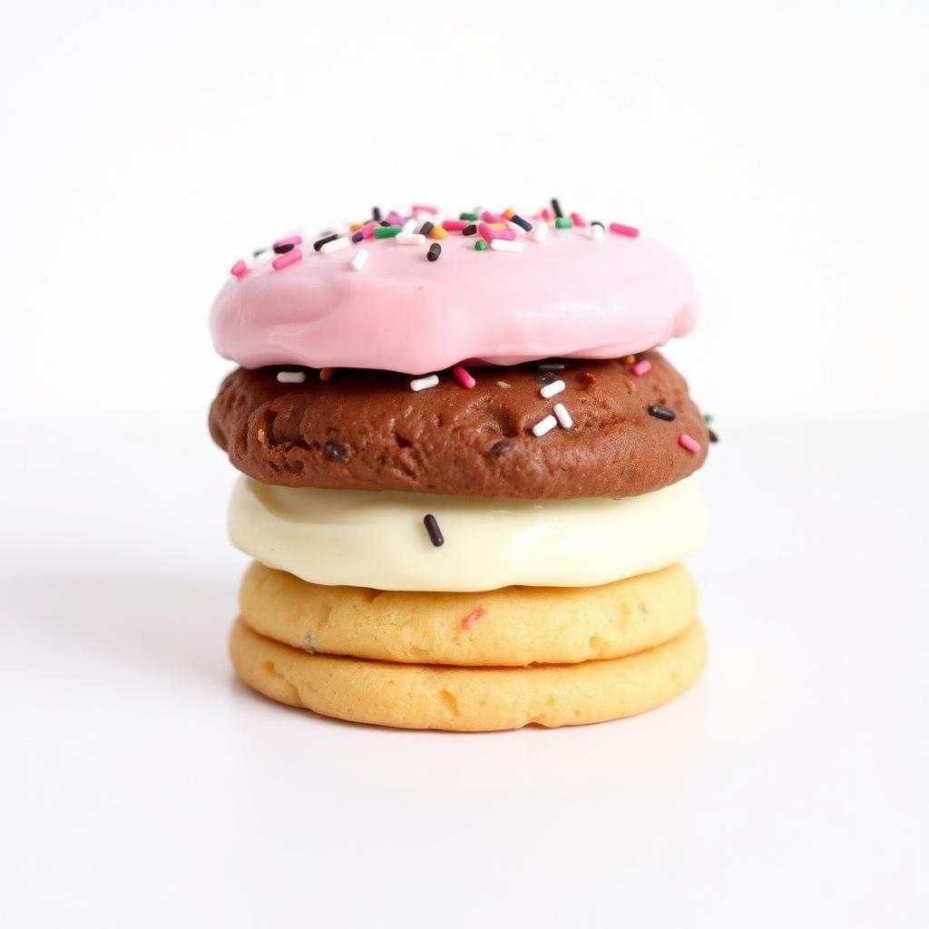 Stack of three large frosted cookies with sprinkles in pink, vanilla and chocolate