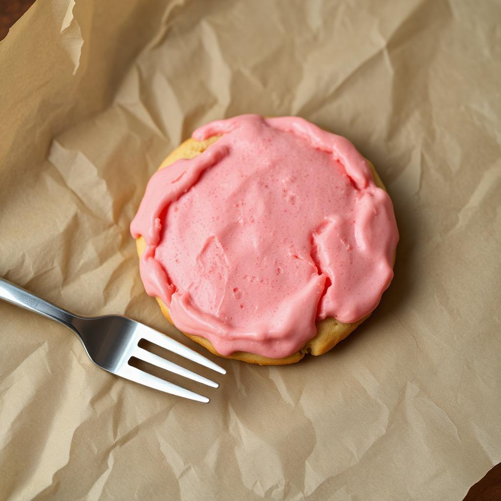 Single large frosted pink cookie on parchment paper with a fork beside it