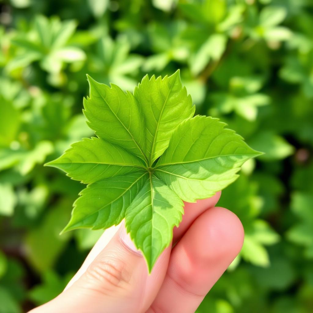 A hand crushing a deeply lobed citronella geranium leaf releasing oils