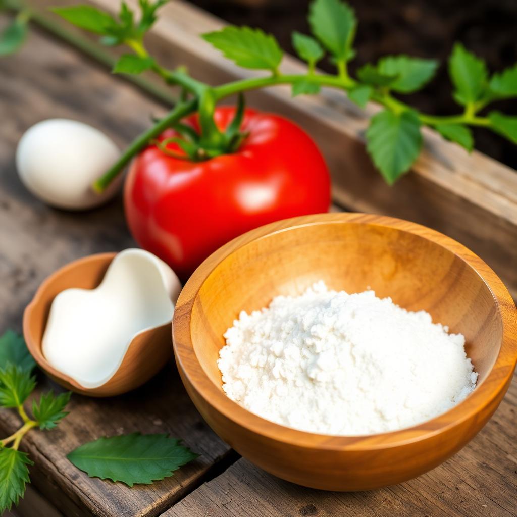 the Best Homemade Fertilizer for Plants: A wooden bowl of finely crushed eggshell powder beside a ripe tomato