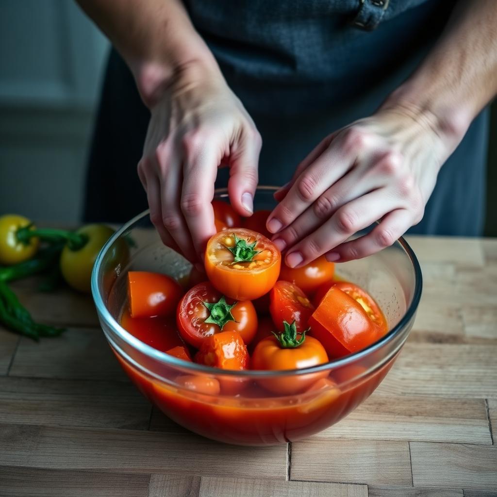 A pair of hands crushing whole peeled tomatoes inside a clear glass bowl on a wooden kitchen counter, juice and pulp visible between the fingers