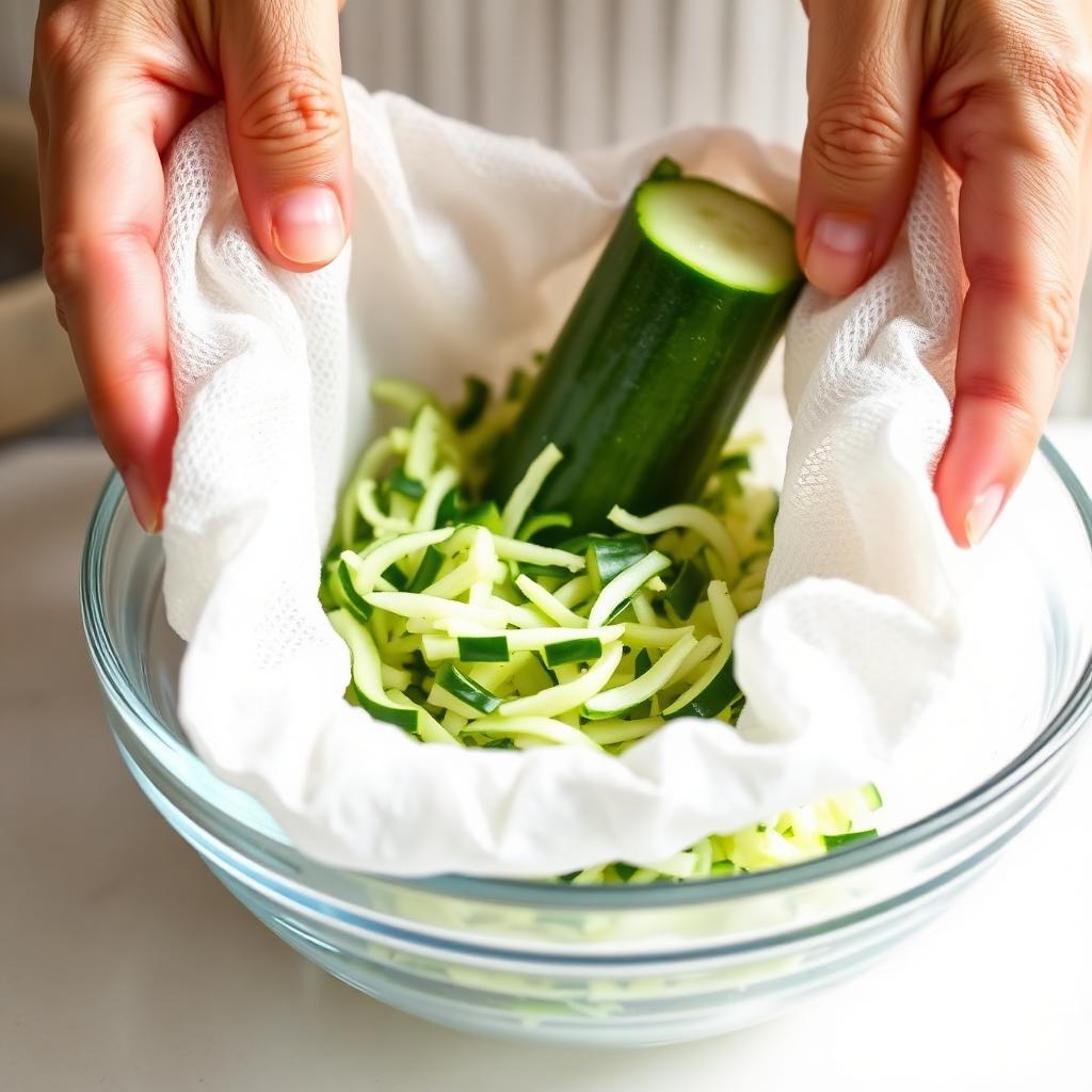 Shredded cucumber being squeezed inside a white cheesecloth over a glass bowl with water dripping out