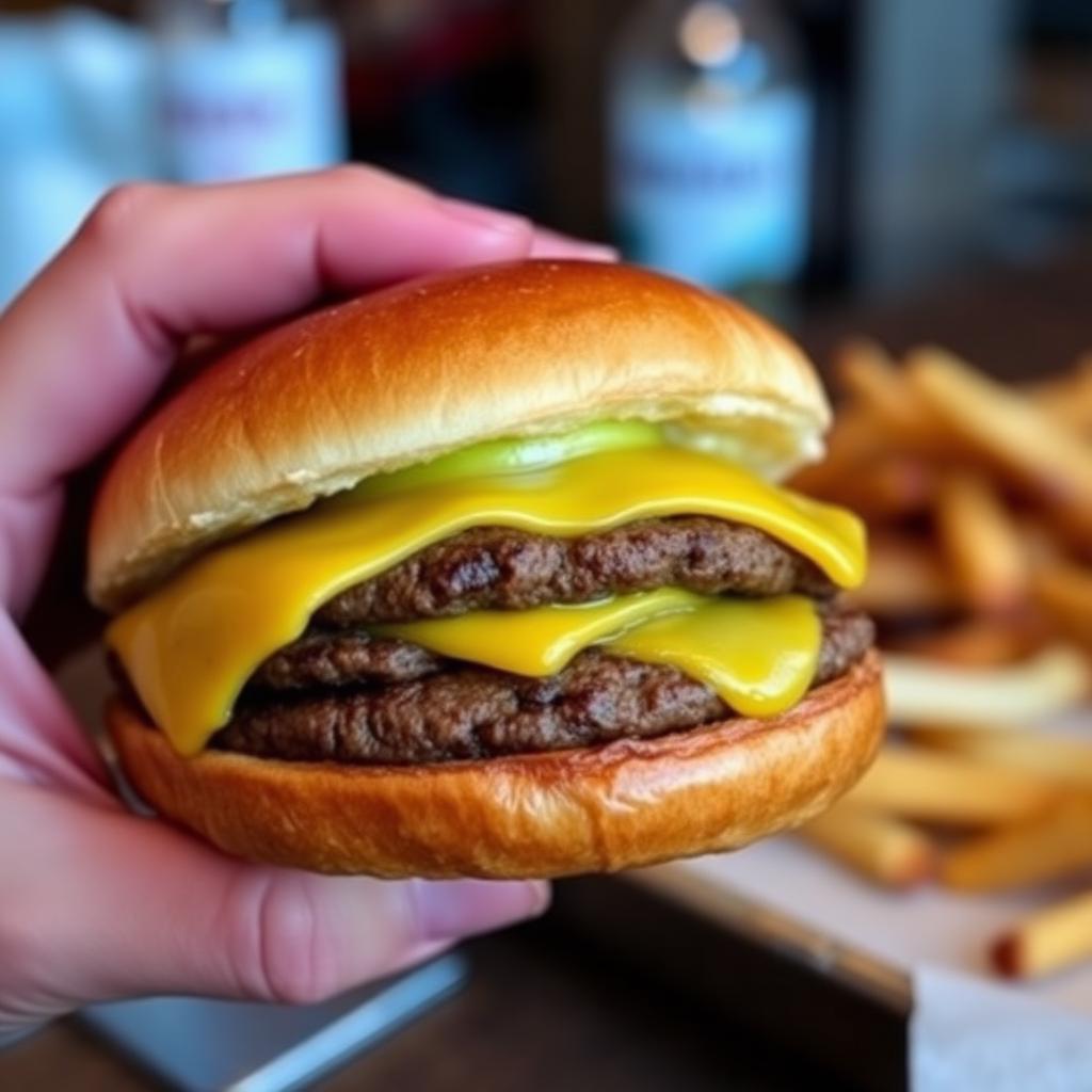 Thick handheld beef burger with two patties and melted yellow cheese on a buttered bun