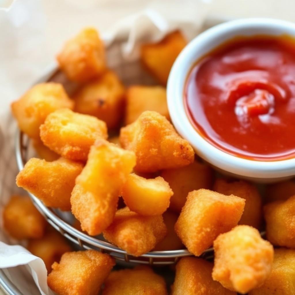 Crispy golden fried Wisconsin cheese curds in a basket with marinara dipping sauce
