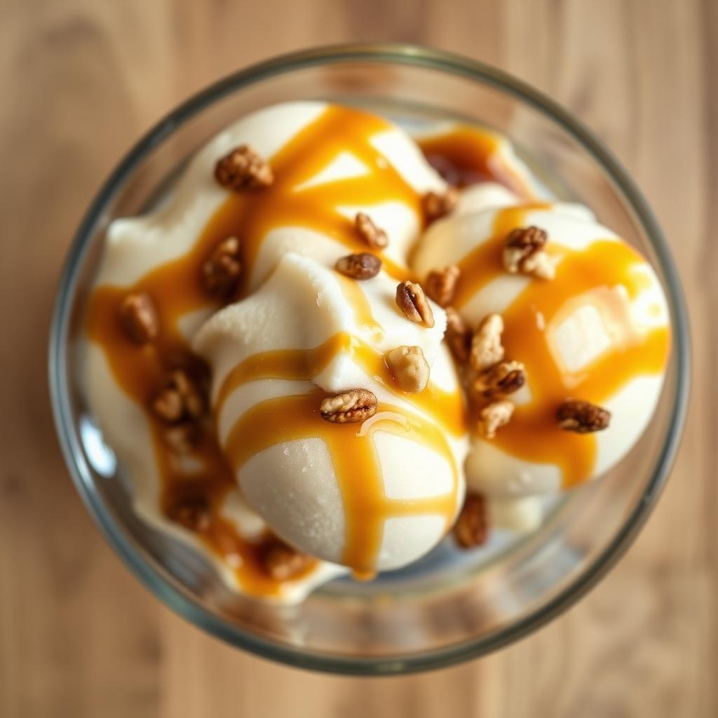 Vanilla frozen custard sundae with caramel swirl and chopped nuts in a clear glass