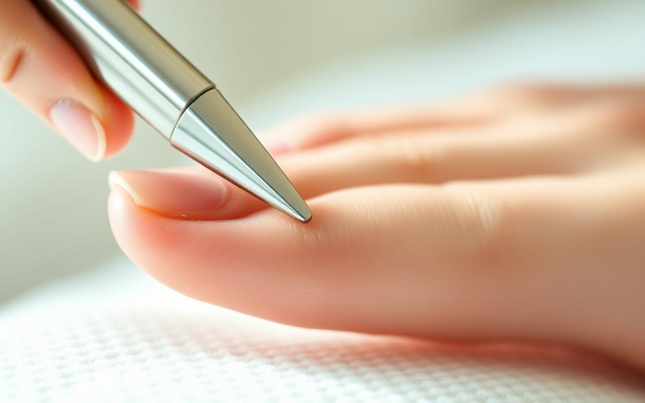 Stainless steel cuticle pusher gently pushing back cuticle skin on a natural nail