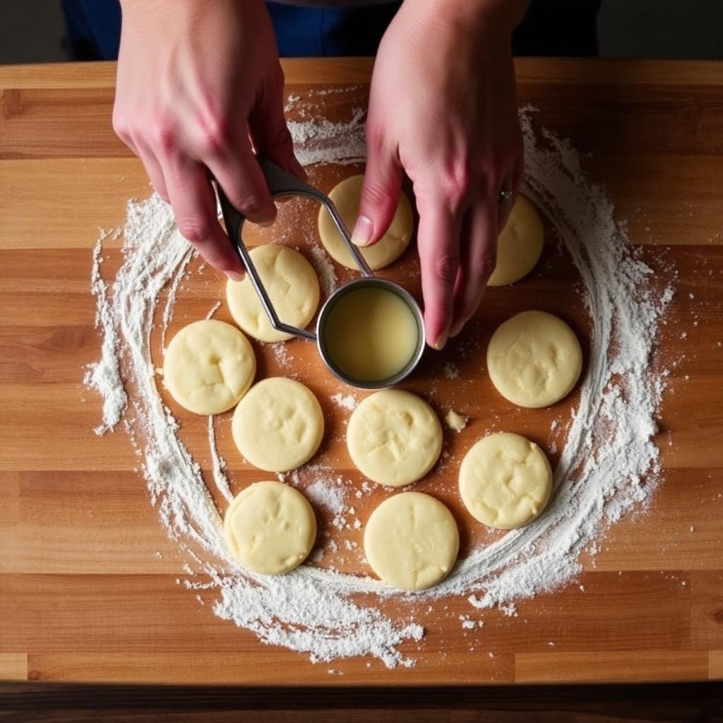 Hands cutting shortcake biscuit dough into rounds with a metal cutter on a floured wooden board