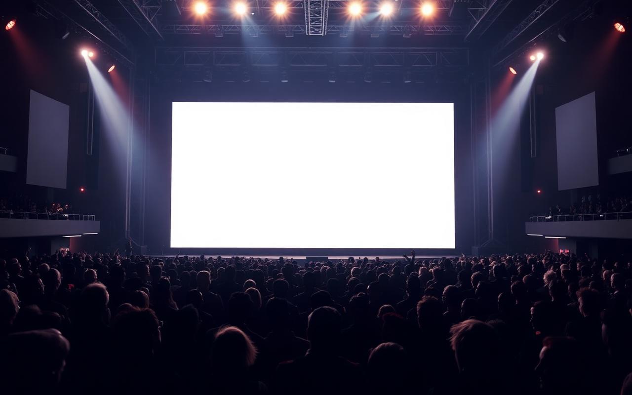 Fan convention arena stage with a large blank screen, the D23 showcase setting for the Frozen 3 first look