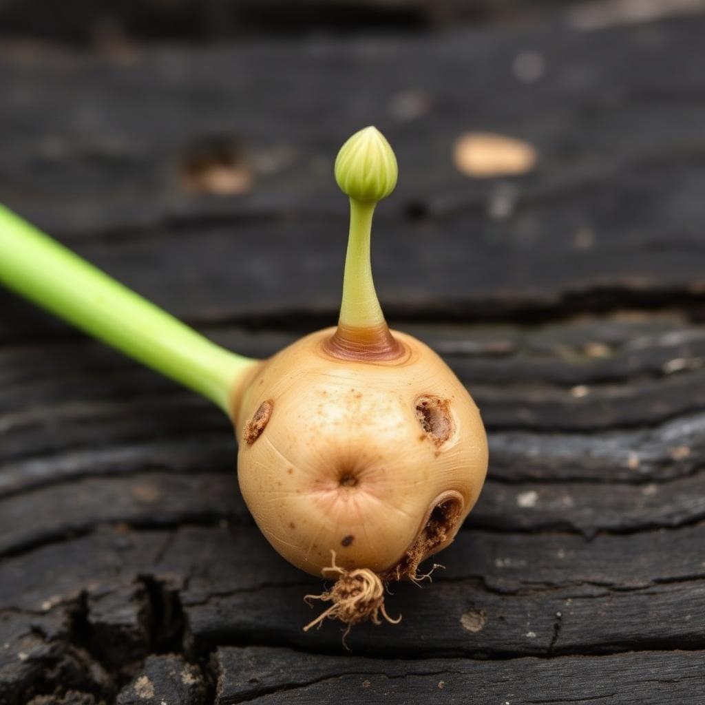 Dahlia tuber with visible green sprouting eye on the neck