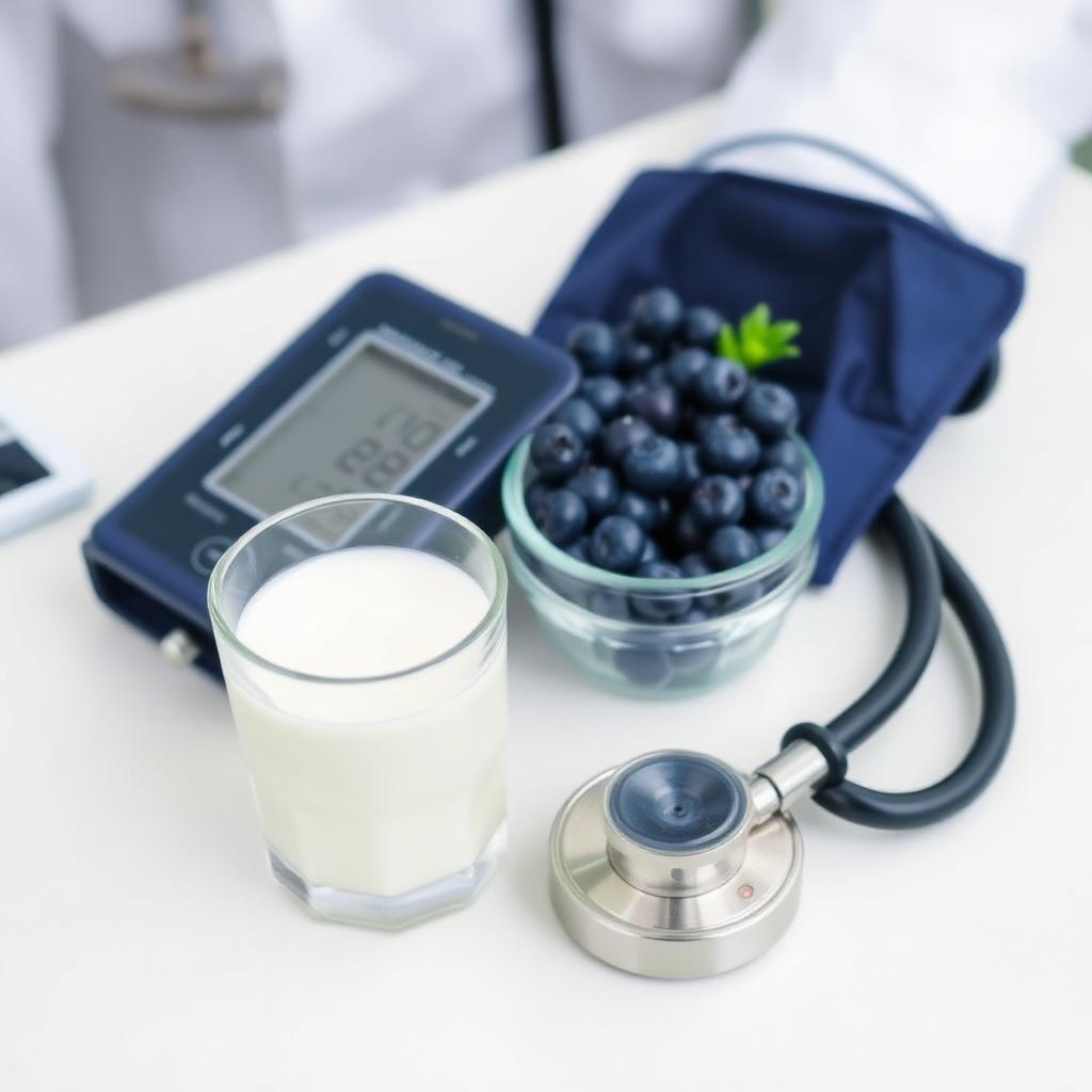Blood pressure cuff and stethoscope on a clinic desk beside a glass of skim milk and a small bowl of blueberries