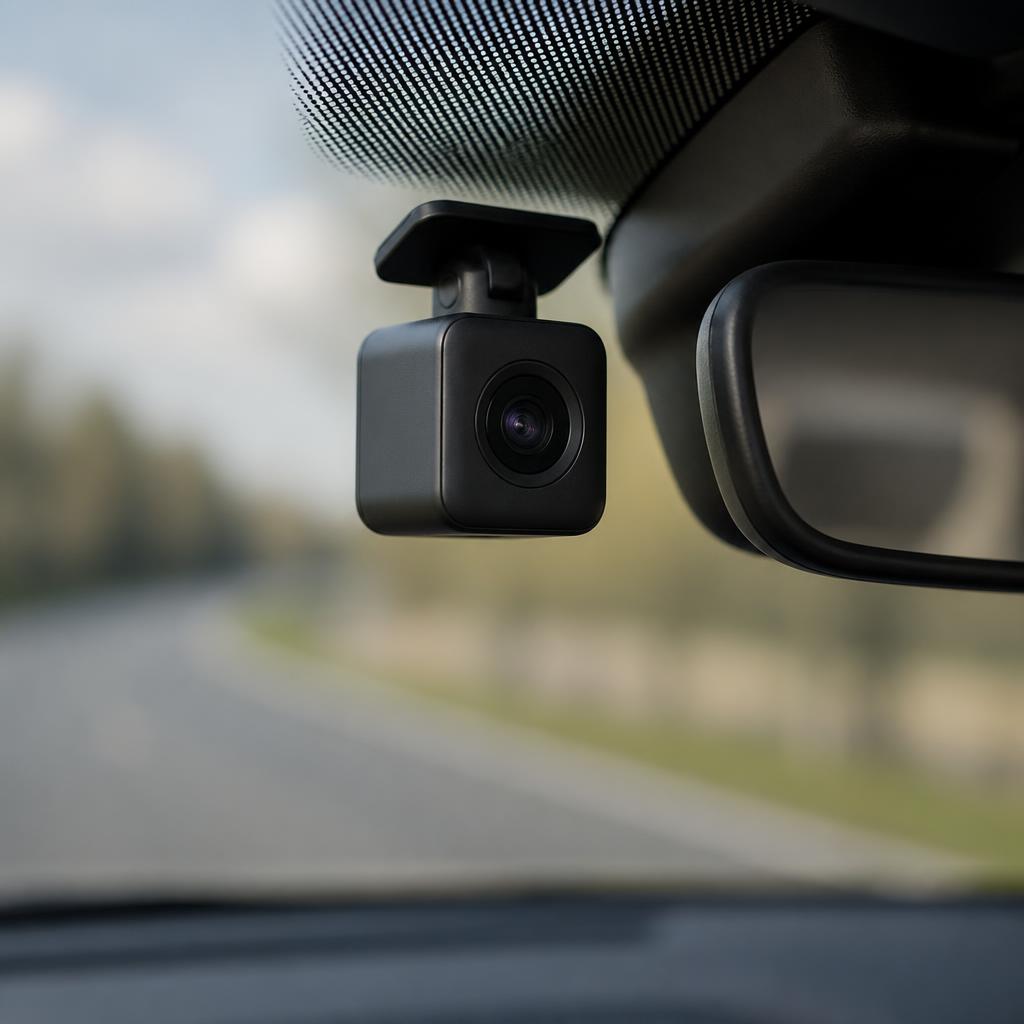 Compact dash cam suction-mounted to a car windshield behind the rearview mirror showing the road ahead