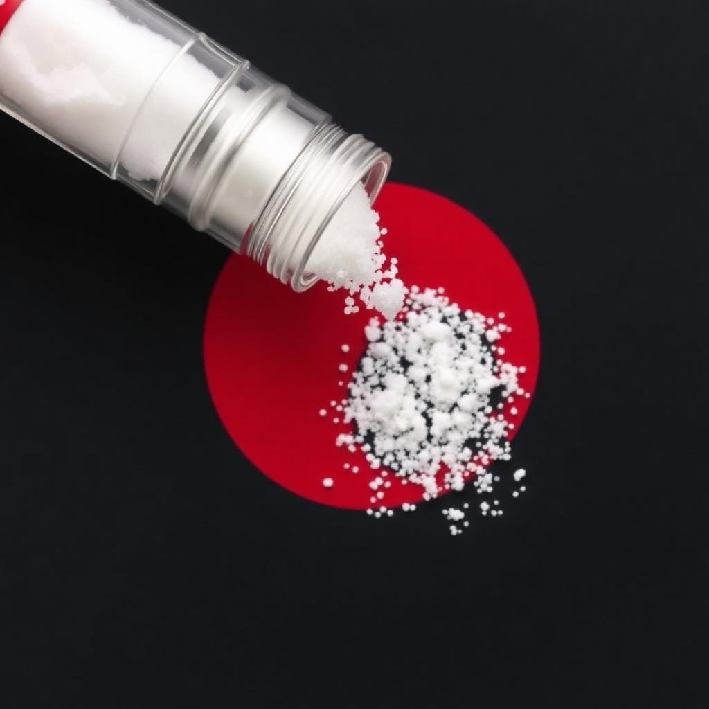 Salt shaker pouring white salt onto a red circle on a dark background symbolizing sodium reduction