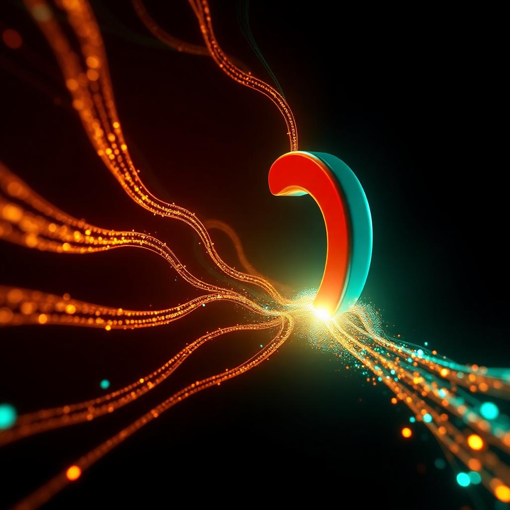 A stylized 3D render of glowing data streams flowing into a curved magnet shape