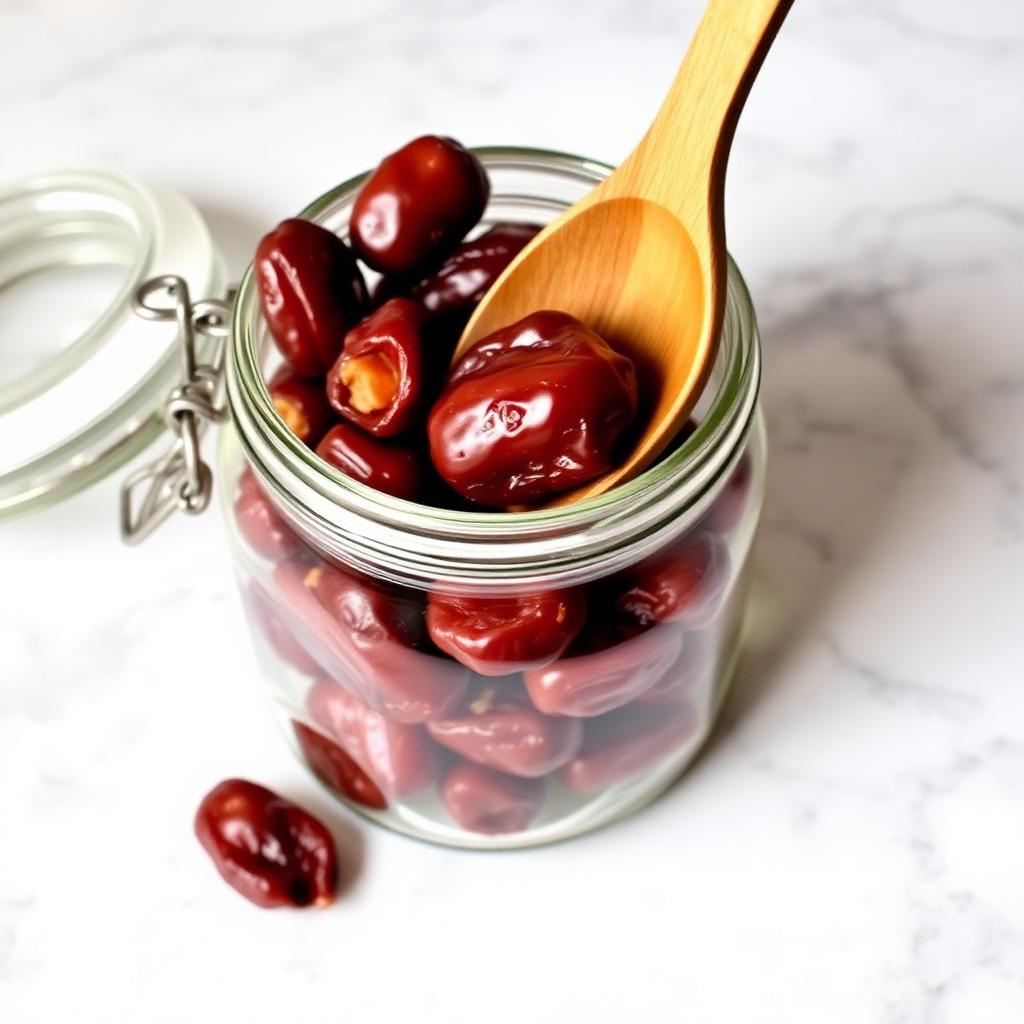 Glass jar of pitted dates being scooped with a wooden spoon on a marble counter