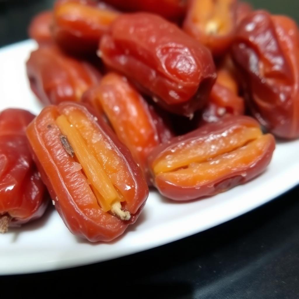 Close up of dried dates on a small white plate, some showing natural sugar crystals on their skin