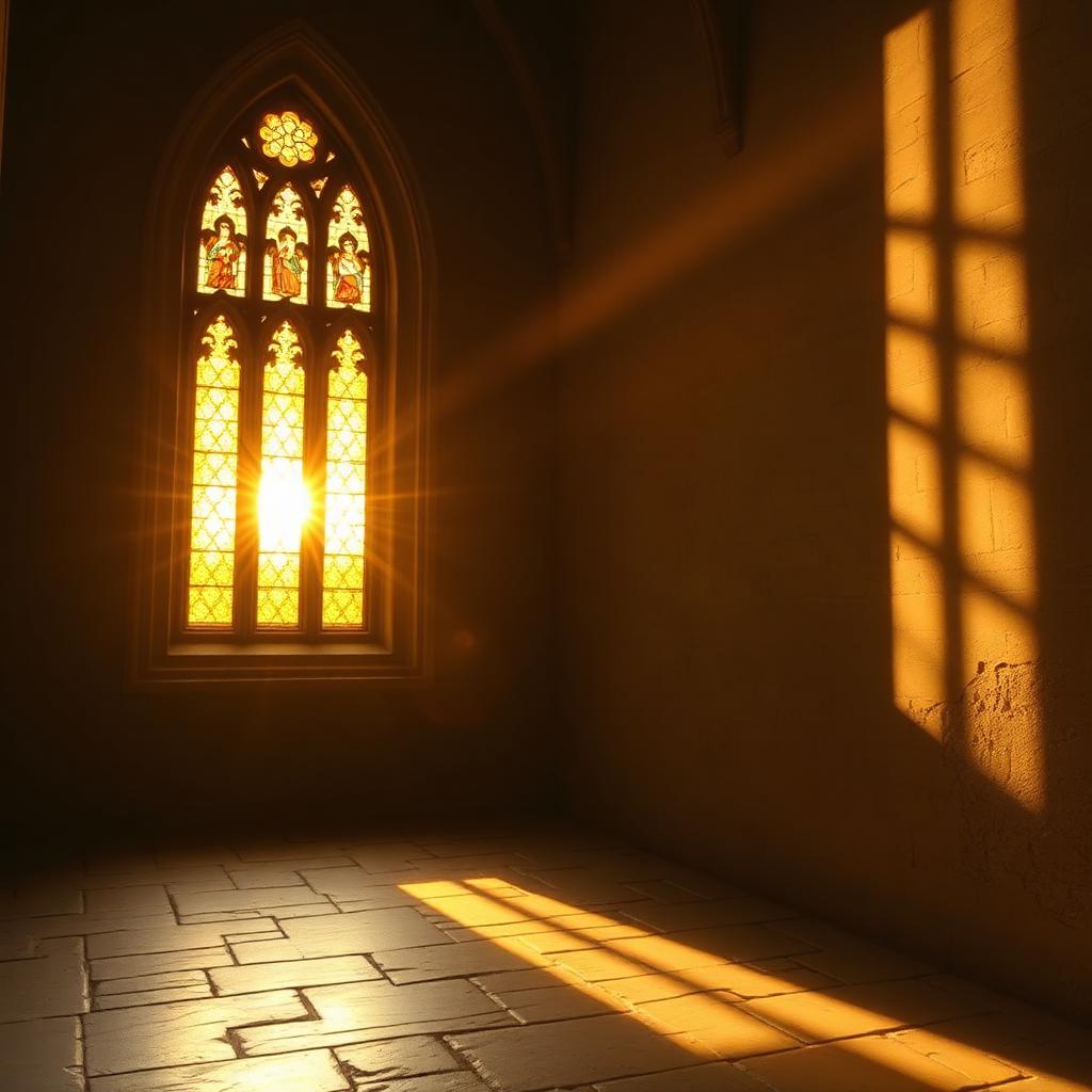Soft golden dawn light streaming through a tall stained glass chapel window onto a stone floor