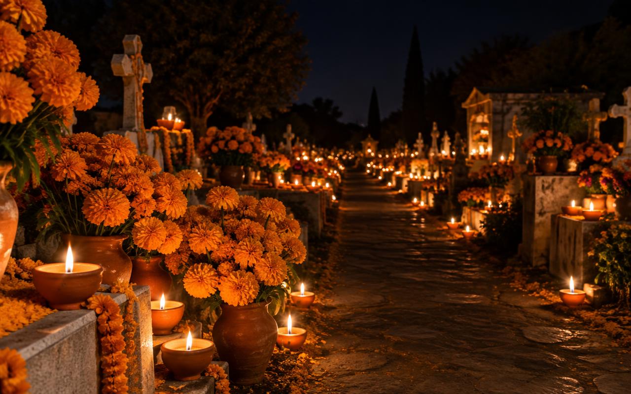 Day of the Dead marigolds and candles lining a cemetery path at night