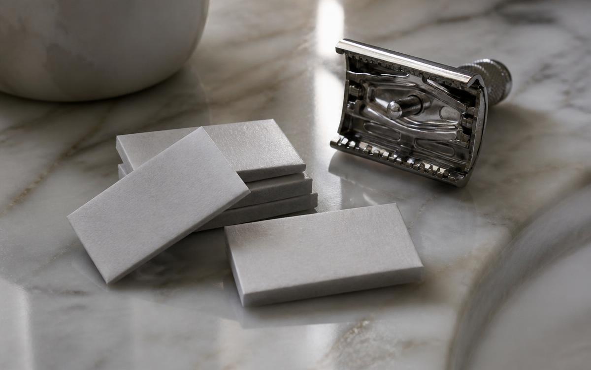 Several paper-wrapped double-edge razor blades from a sampler pack laid out on a marble counter beside an open chrome safety razor head
