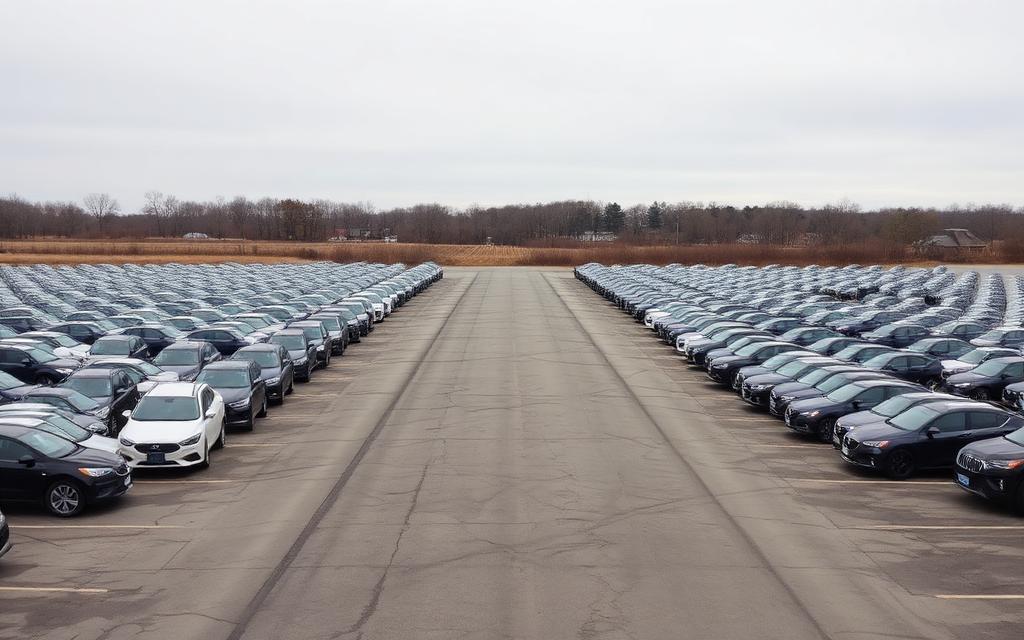 Row of new cars parked in a dealership lot under clear daylight