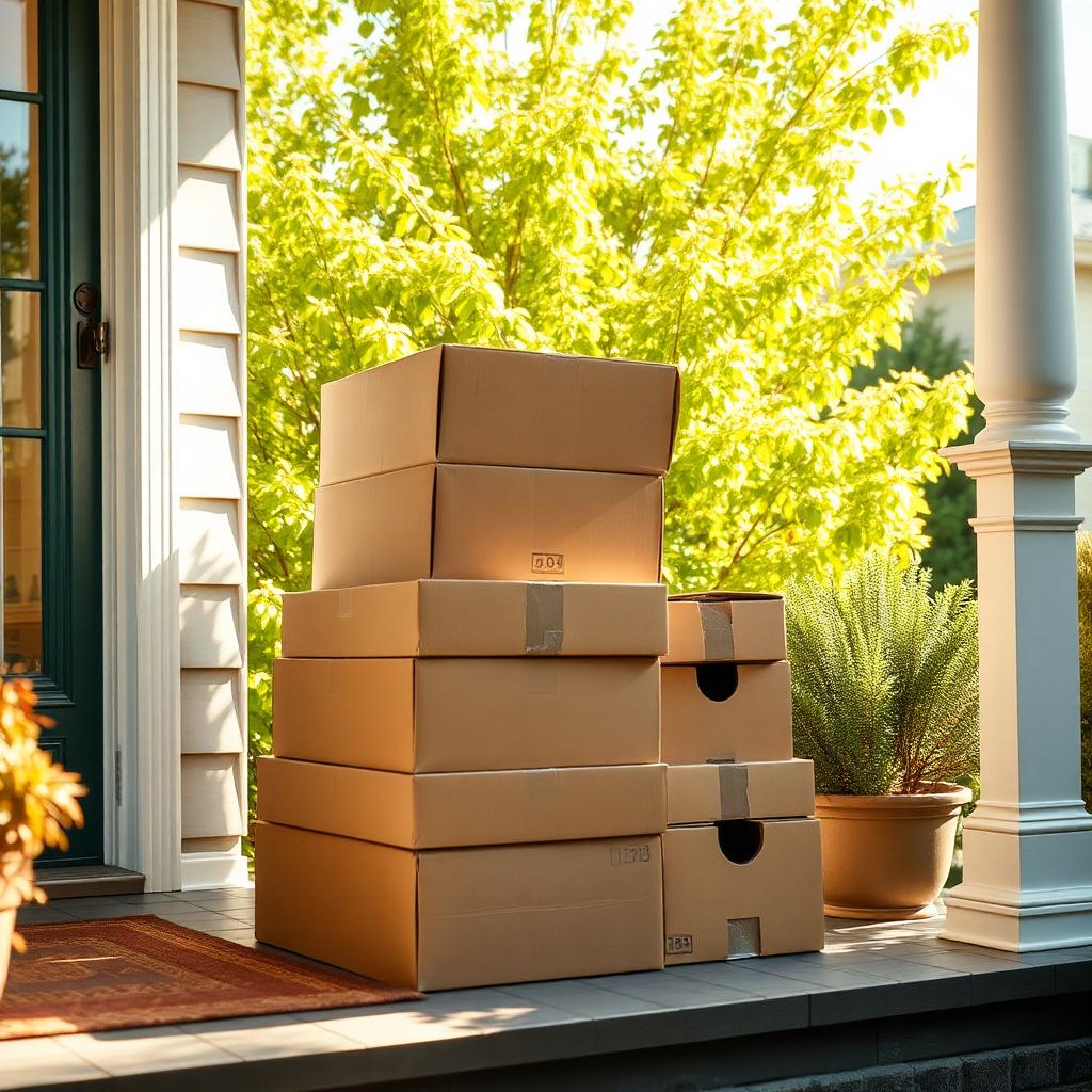 A stack of plain cardboard delivery boxes near a front door, lit by soft natural light