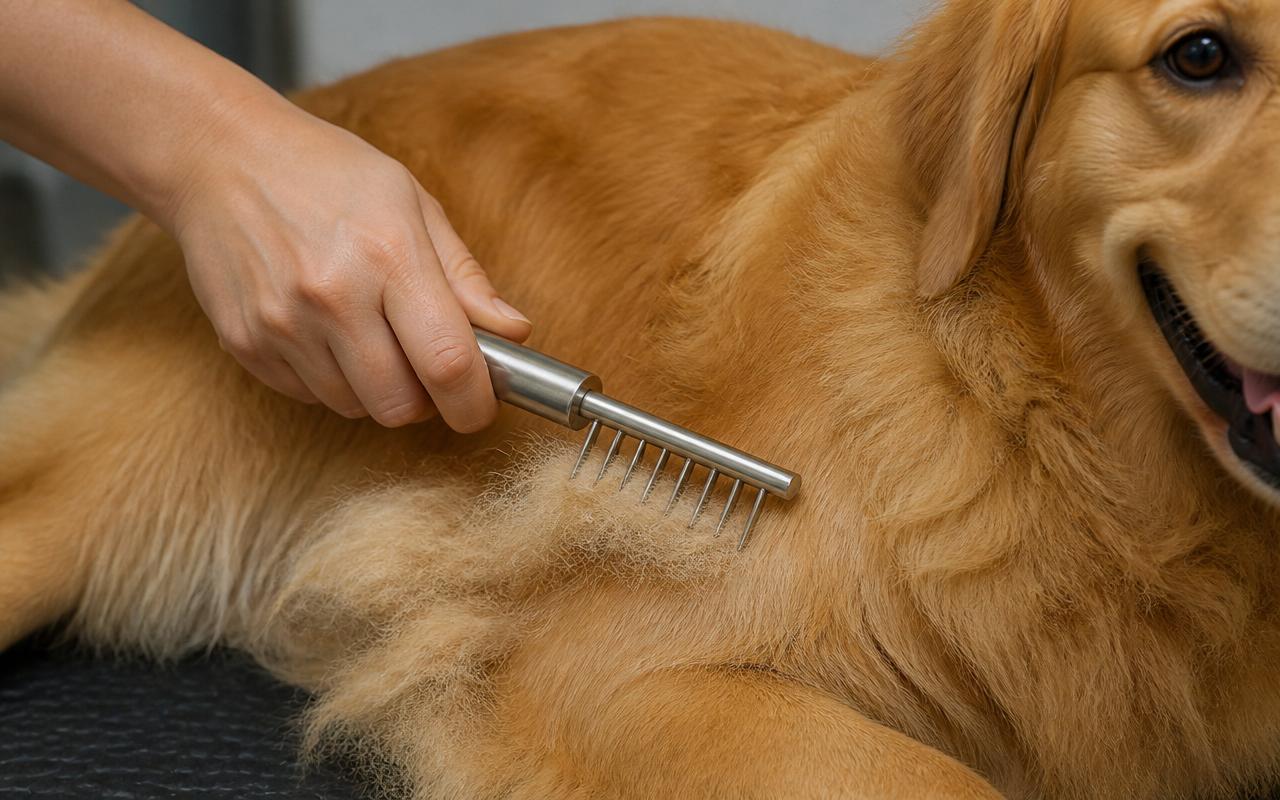 A groomer hand slicing a plain stainless steel dematting rake through a fluffy dog dense undercoat
