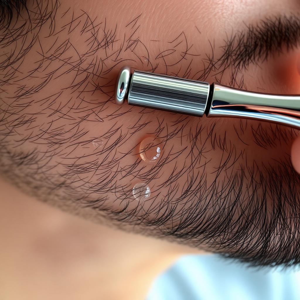 Man rolling a stainless steel derma roller gently across his cheek and jawline