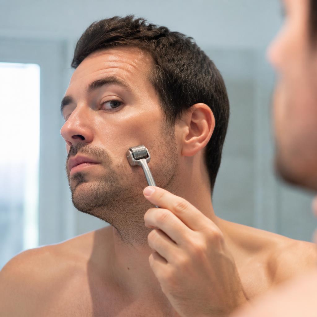 Titanium derma roller with fine needle drum rolled vertically along a man patchy jawline stubble in soft bathroom light