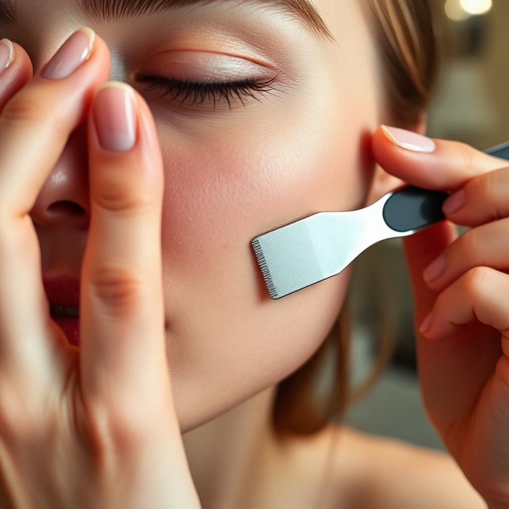 Woman holding a stainless steel dermaplaning tool at a 45-degree angle against her cheek with the other hand pulling the skin taut
