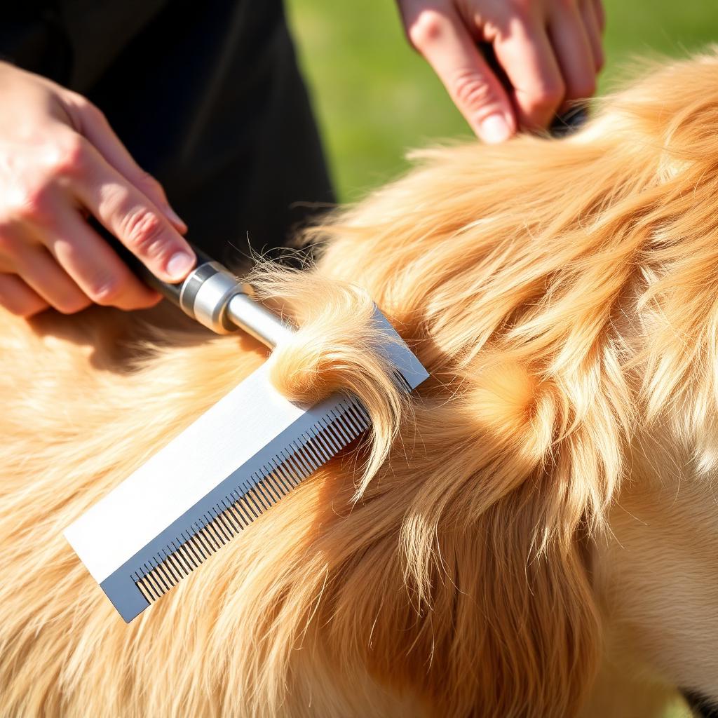 A groomer pulling a plain silver stainless-steel deshedding tool along the back of a golden retriever with a tuft of loose undercoat gathered on the blade