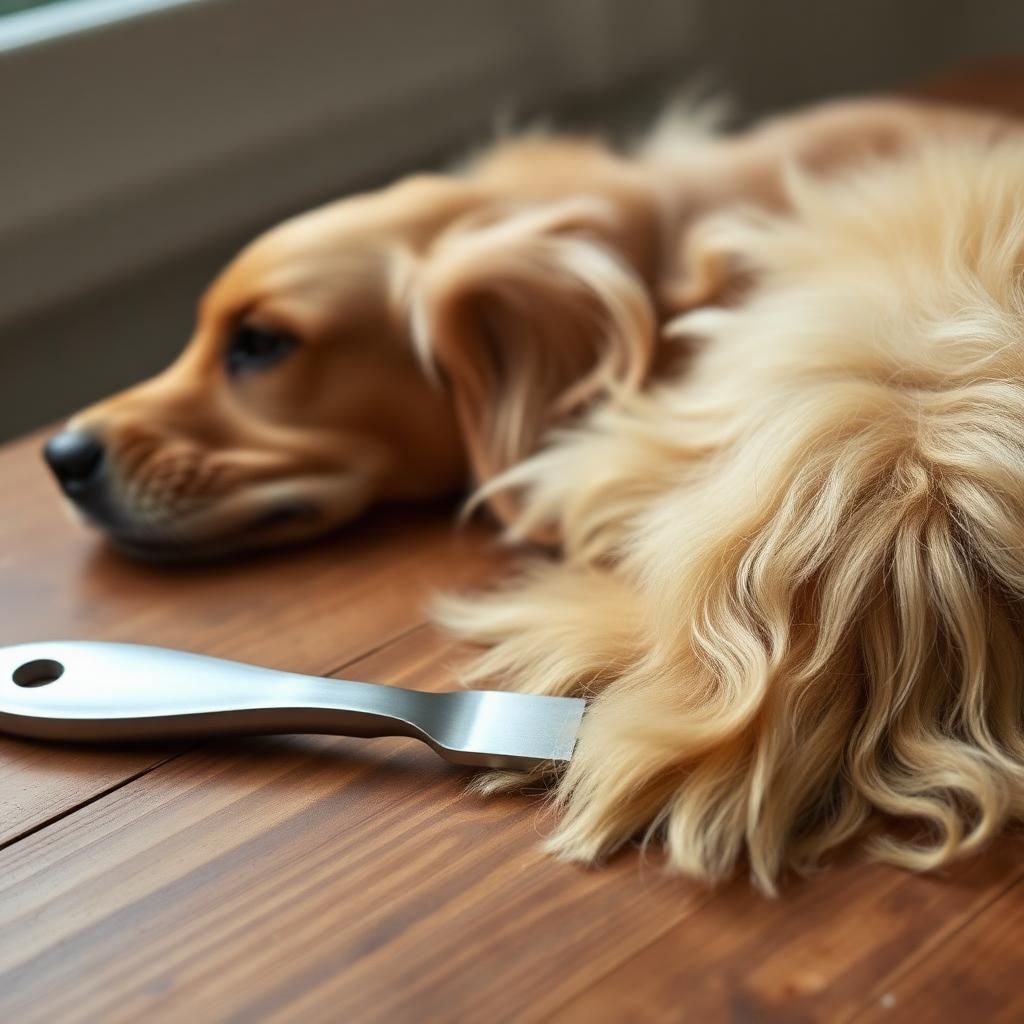 Stainless steel dog undercoat deshedding tool on a wooden table next to a pile of removed golden retriever undercoat fur