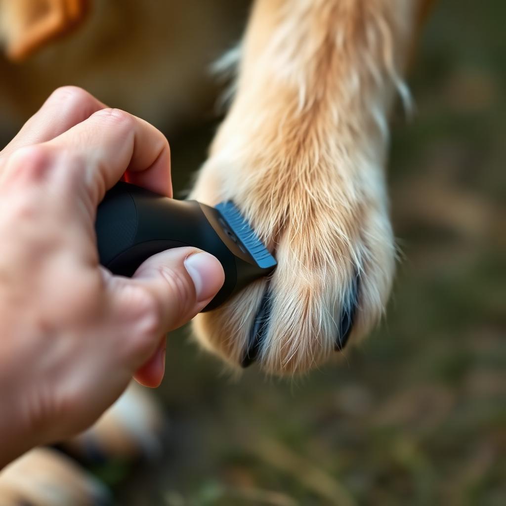 Close-up of a hand using a slim narrow-blade cordless trimmer to clear hair between a dog paw pads