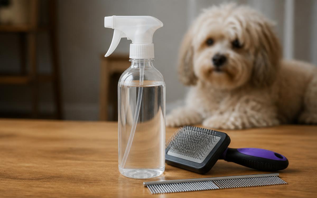 Detangling spray for matted dog hair: a plain clear unlabeled detangling spray bottle with a slicker brush and steel comb on a wooden table, a fluffy dog behind