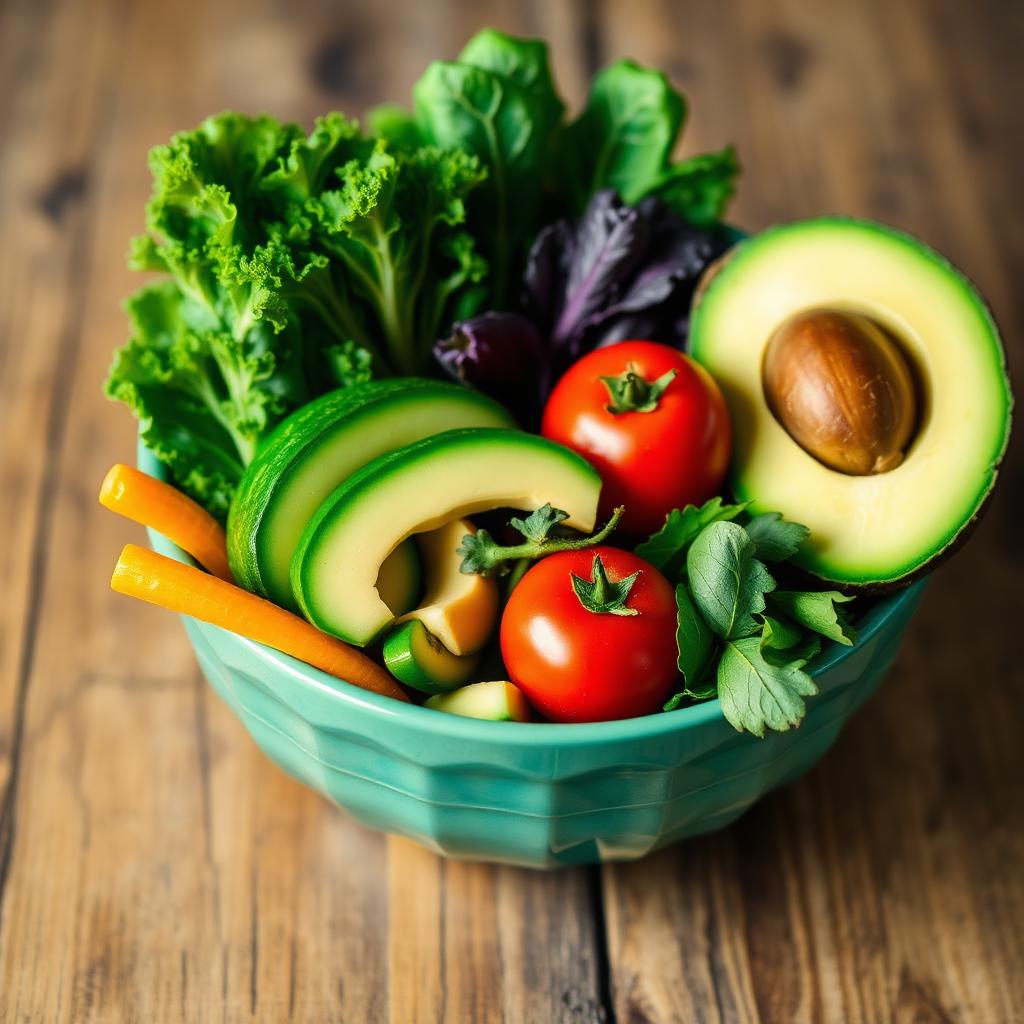 Colorful bowl of fresh leafy greens, avocado, tomato and vegetables on a wooden table
