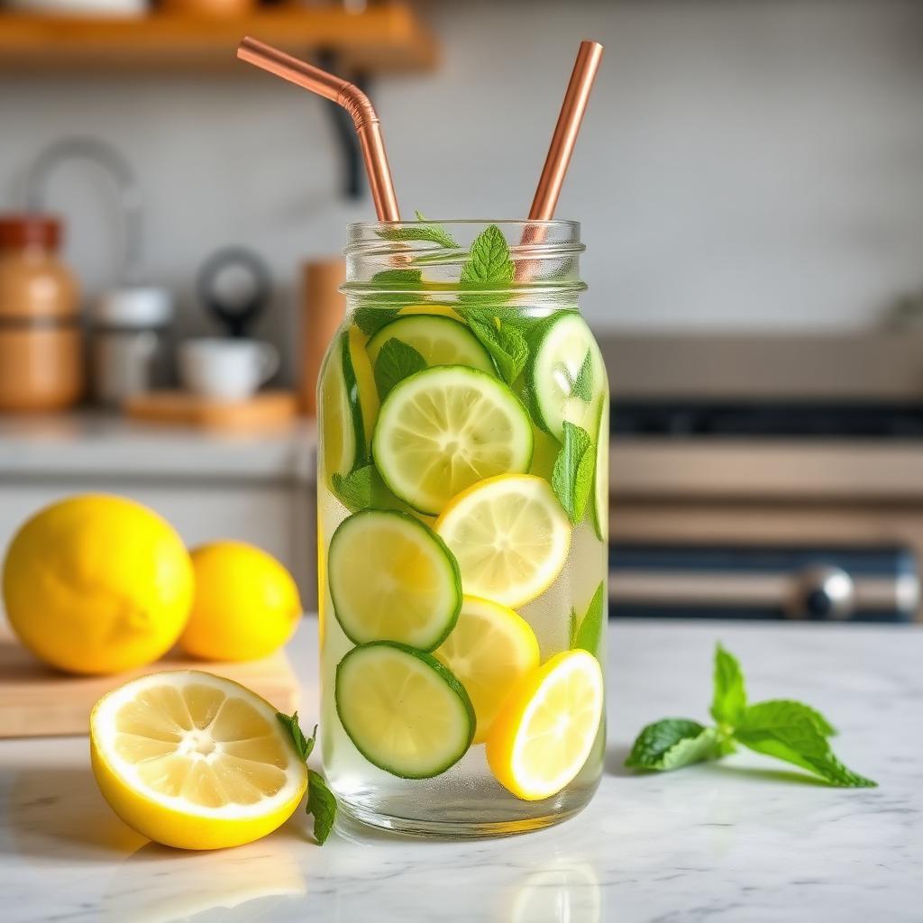 Glass jar of cucumber and lemon infused detox water with mint and copper straws