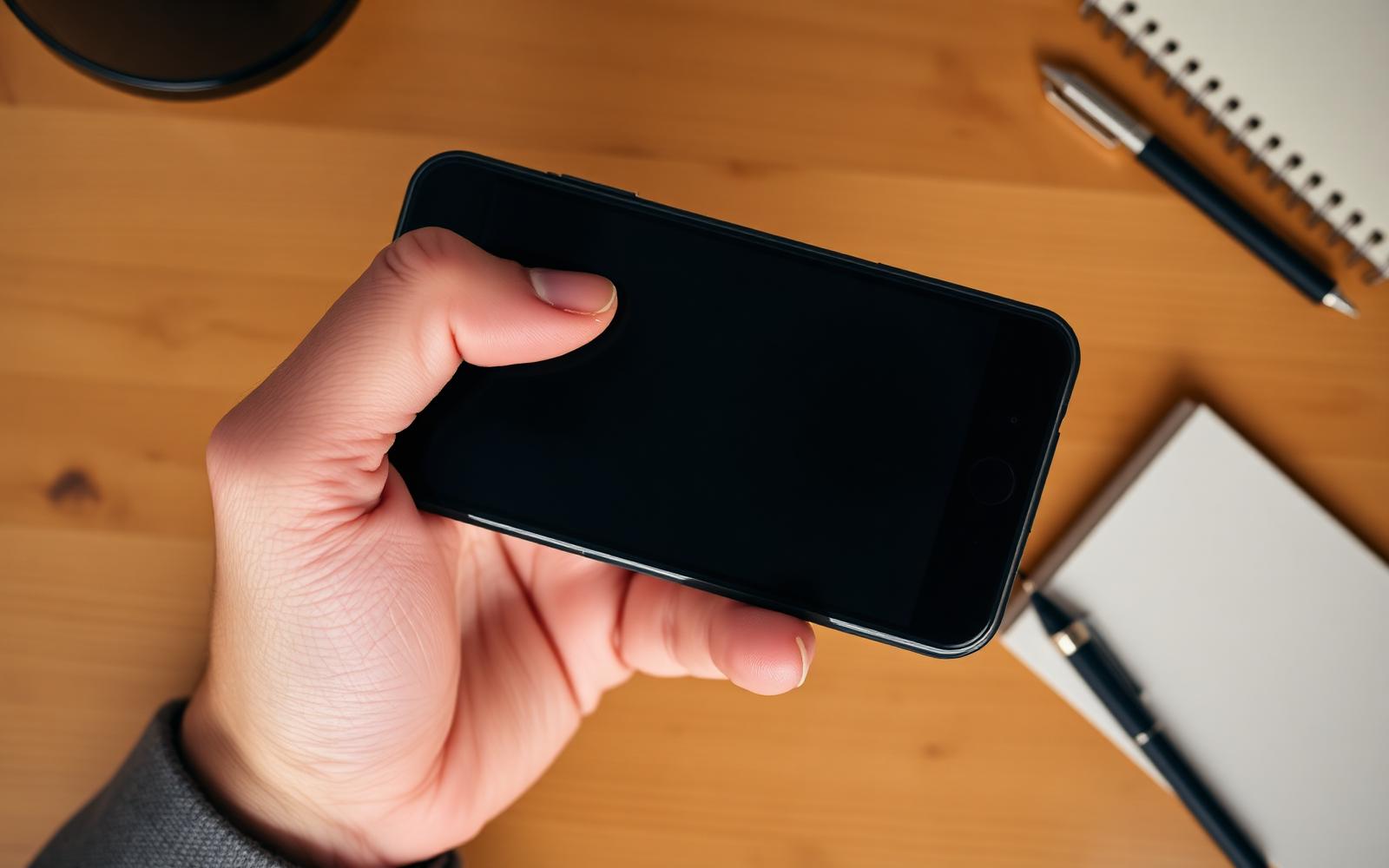 A hand holding a generic dark smartphone showing a blank dialer keypad screen near a sunlit window, no recognizable logos or UI text.