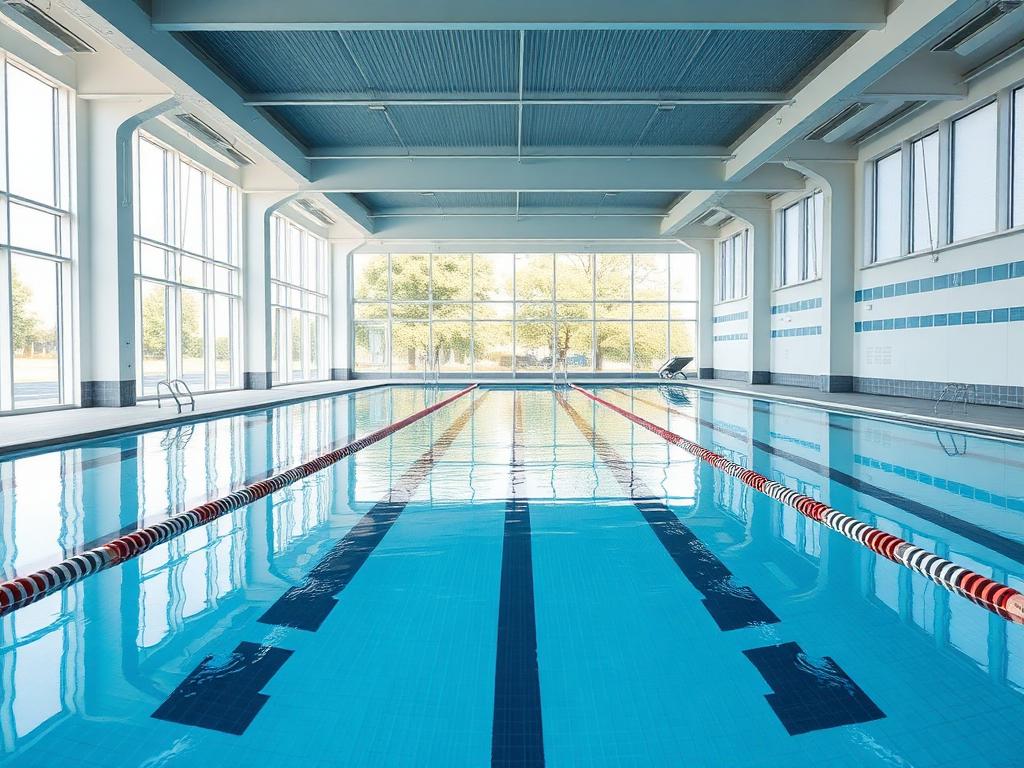 Empty heated 25 metre indoor swimming pool with lane ropes at a UK leisure park