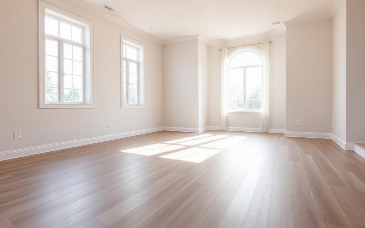 Empty staged living room with light luxury vinyl plank flooring under bright daylight, the kind of finish buyers expect at resale