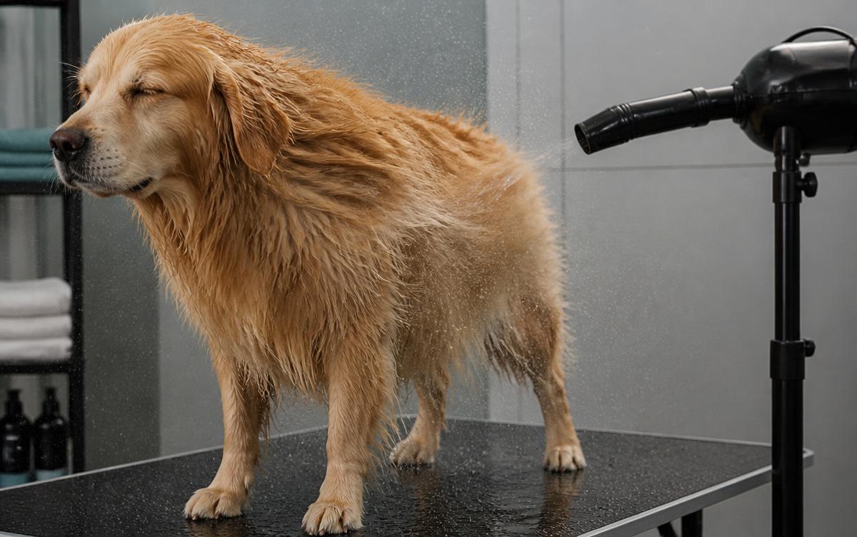 Grooming a dog at home step by step: a wet golden retriever on a grooming table being dried by a high-velocity pet dryer on a stand