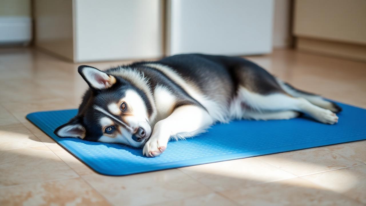 Husky lying on a blue gel cooling mat on a tile floor indoors