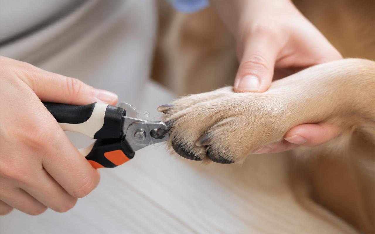 Plier-style dog nail clipper with the metal safety guard flipped down behind the semi-circular blades