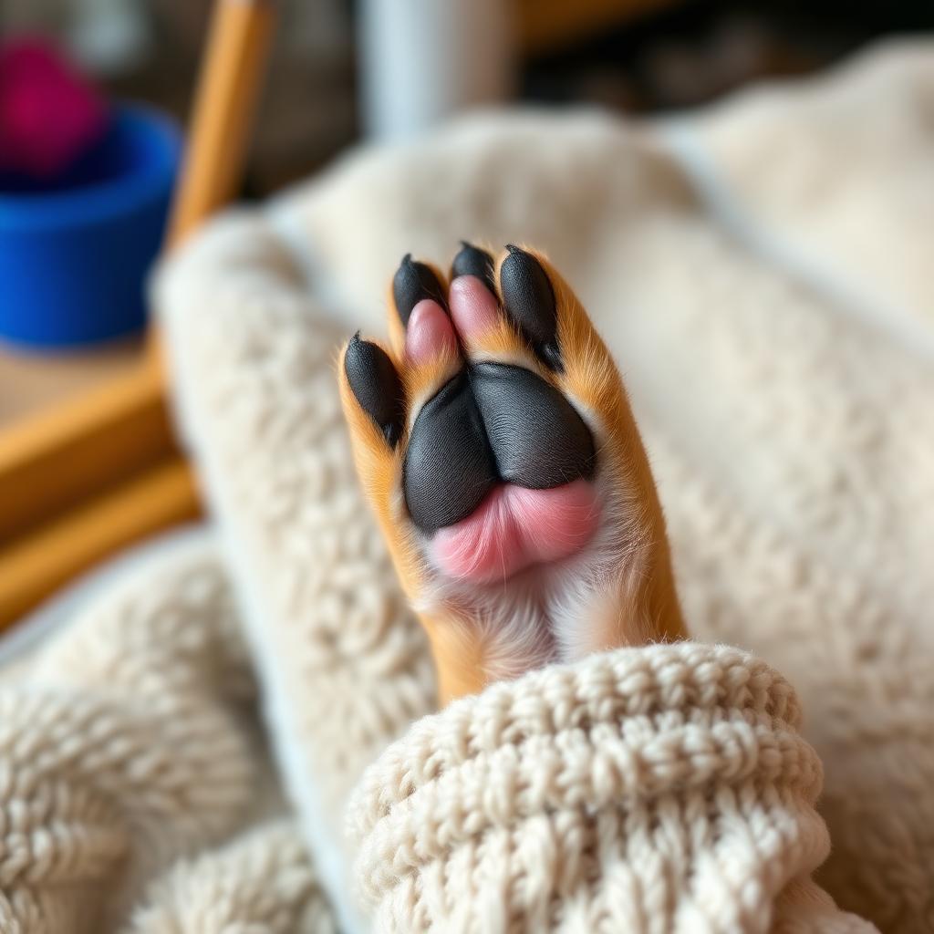 Close-up of a small dog paw resting on a soft cream blanket during a calm grooming session