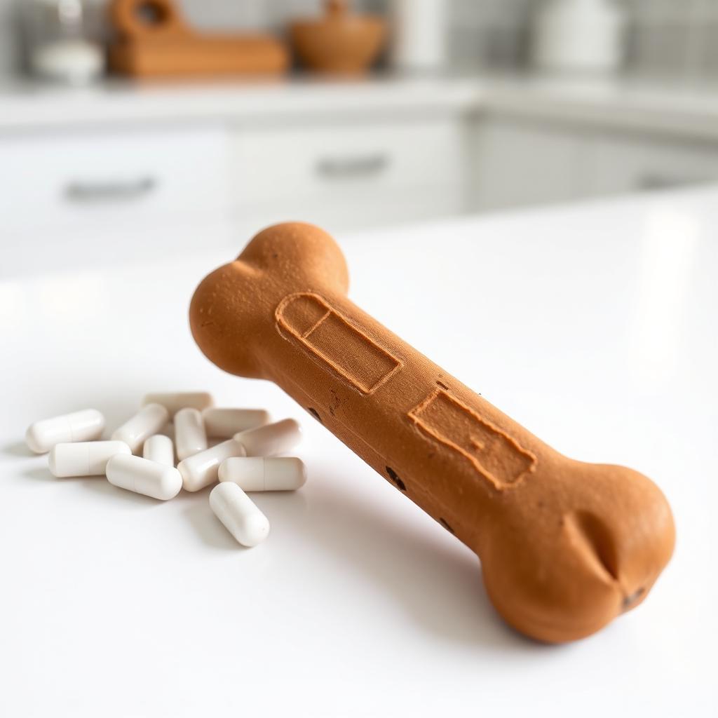 moxicillin in Biscuits: A bone shaped soft brown veterinary dog treat next to white pill capsules on a clean kitchen counter