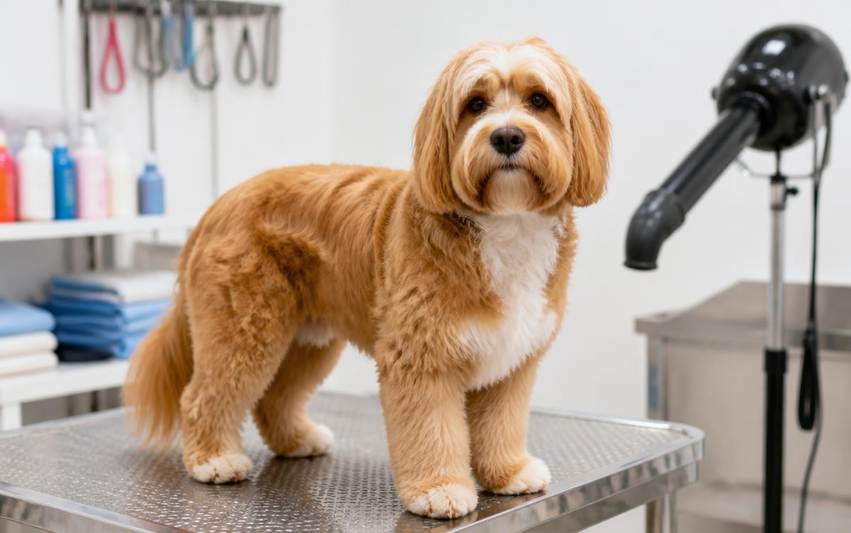Full dog grooming session cost: a fluffy medium sized dog standing on a stainless steel grooming table in a professional salon