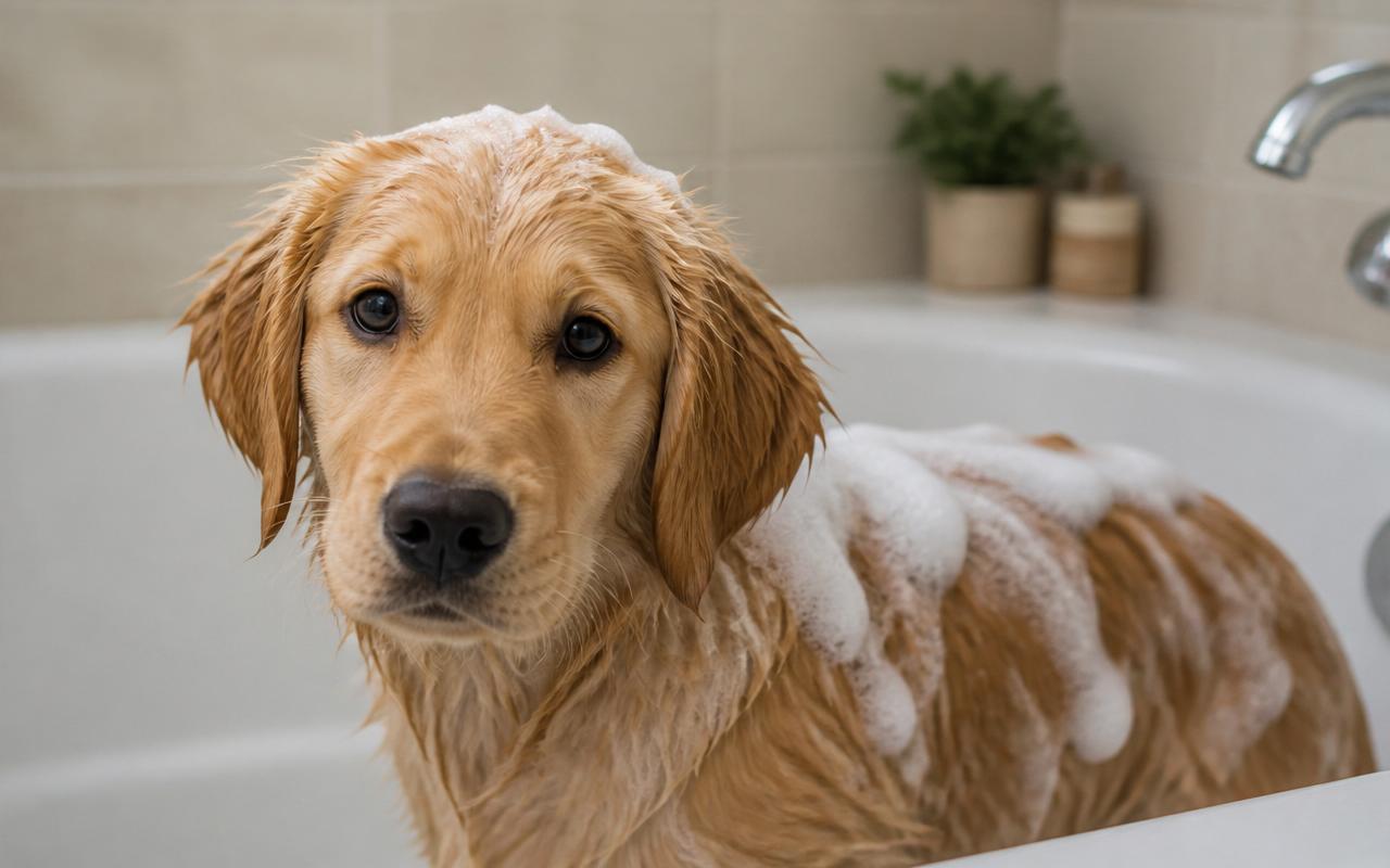 Hands lathering gentle oatmeal shampoo suds into a wet dog's coat during a bath
