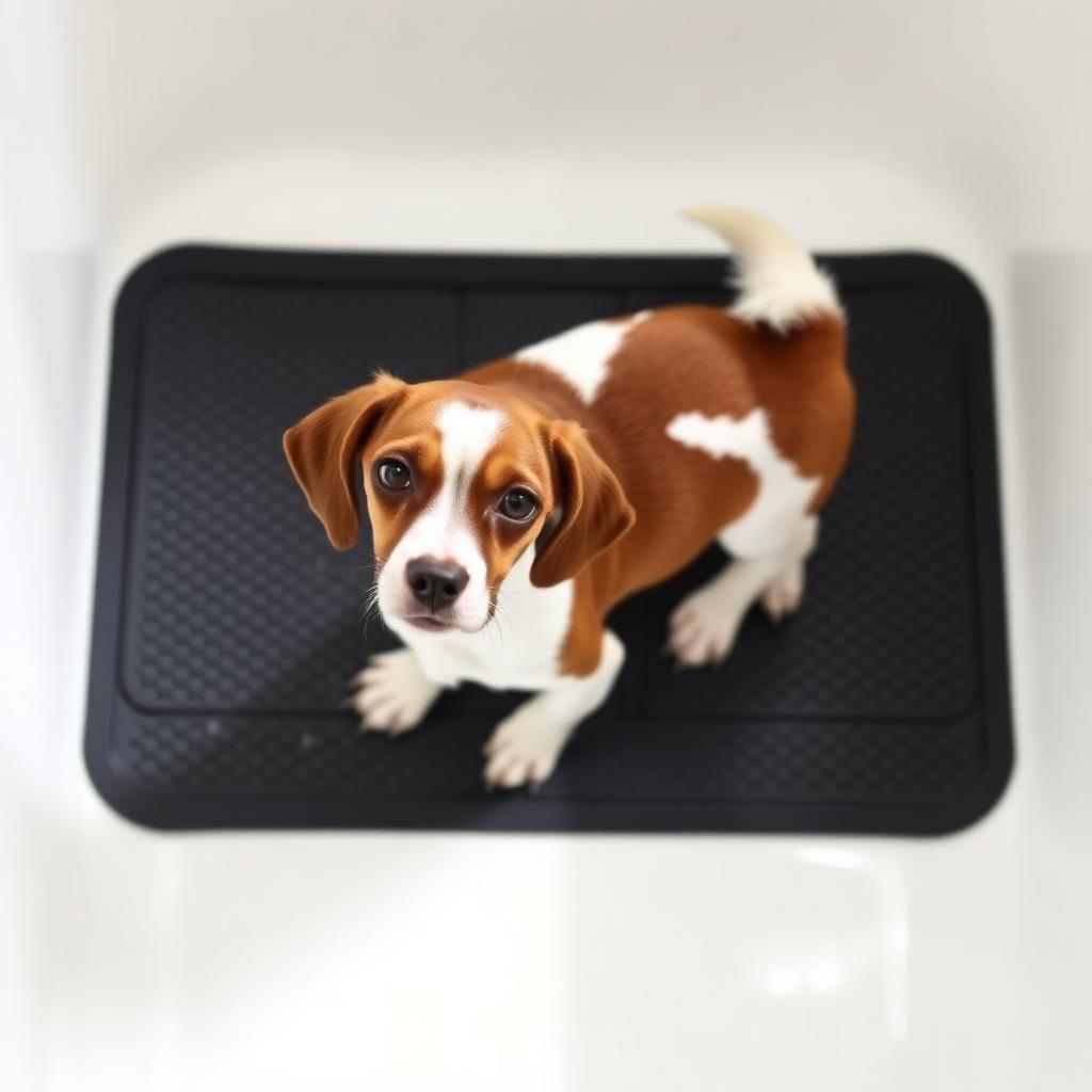 Small dog standing confidently on a black textured rubber non slip mat inside a white bathtub during a grooming session